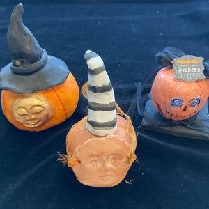 Halloween Three Handmade Folk Art Original Terracotta Ceramic Halloween Pumpkins